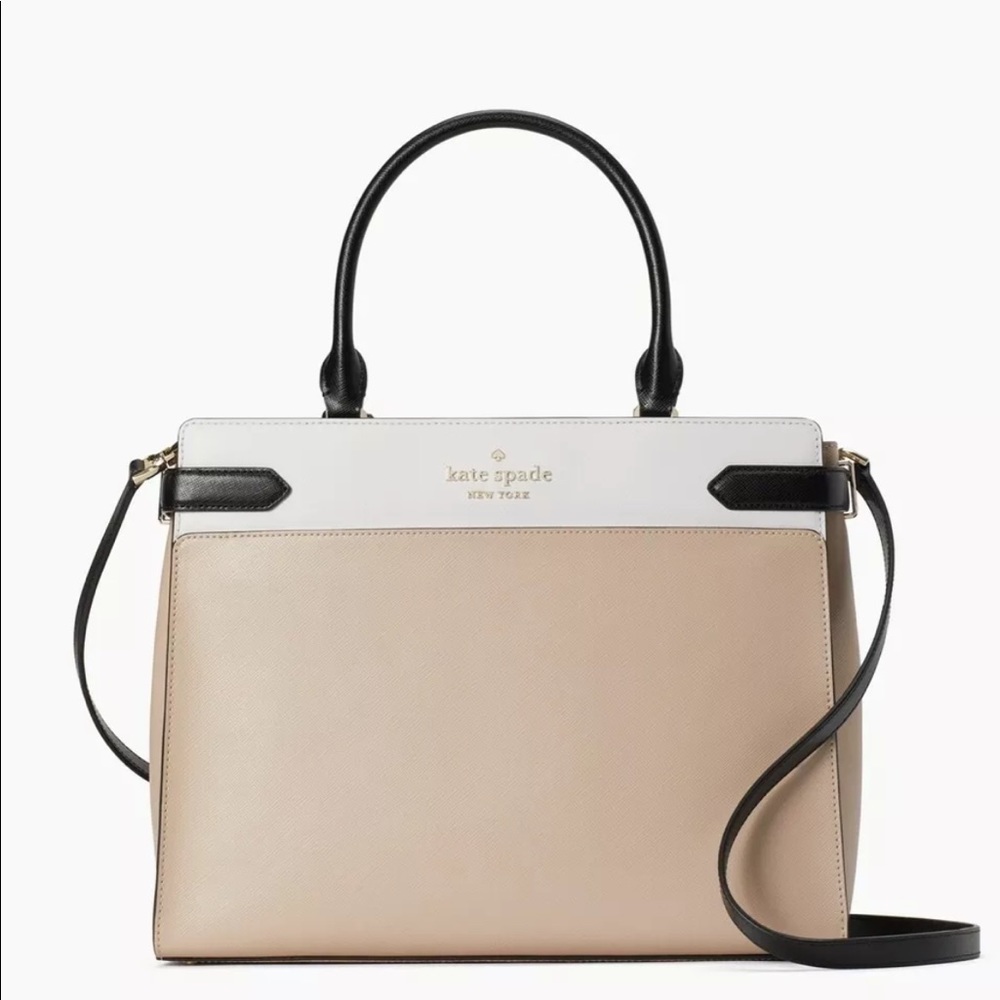 New Kate spade staci medium satchel warm beige black crossbody